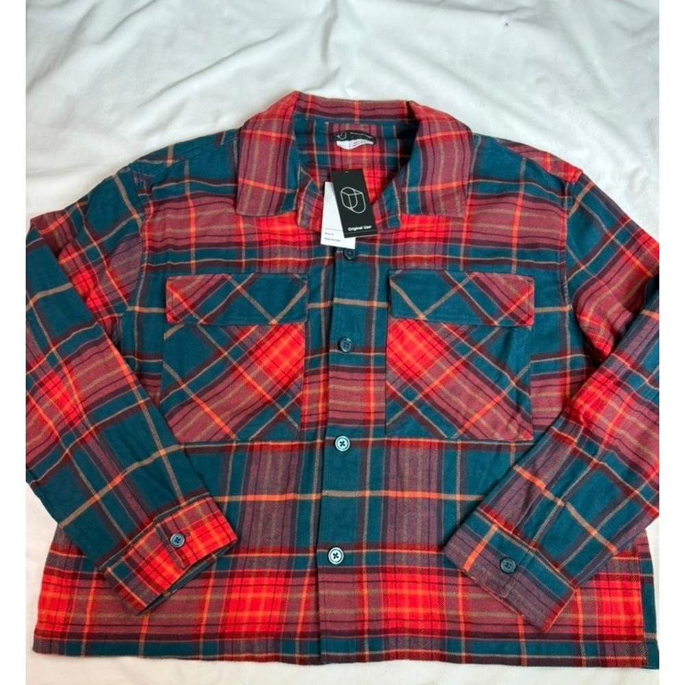 Original Use Mens Boxy Flannel Shirt Red Teal Plaid Drop Shoulder Large NEW